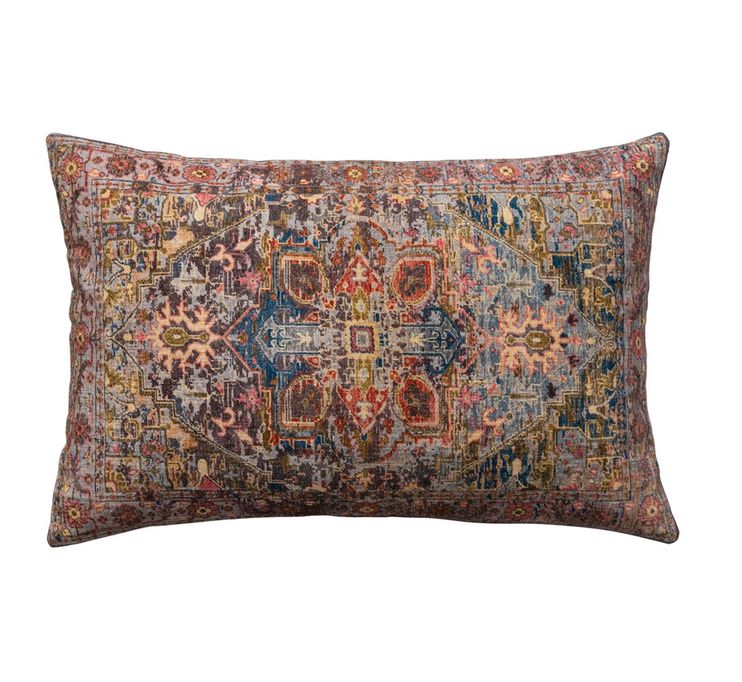 24&quot;L x 16&quot;H Cotton Printed Lumbar Pillow w/ Pattern &amp; Chambray Back