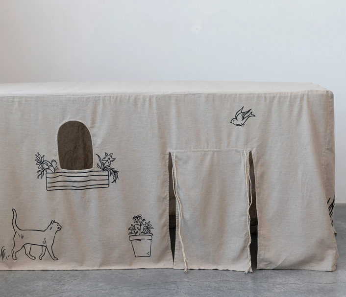 Cotton Chambray Printed Tablecloth/Children&#39;s Playhouse w/ Flap Door &amp; Window Cut-Outs