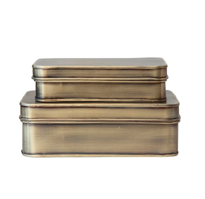Metal Boxes, Antique Brass Finish, Set of 2