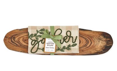 Gather Charcuterie Serving Board with Embroidered Dish Towel
