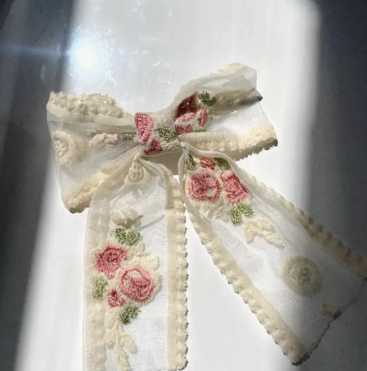 Vintage Rose Embroidered Chiffon Bow Hair Clip