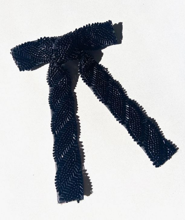 Black Beaded Hair Bow Barrette | Hand-Stitched