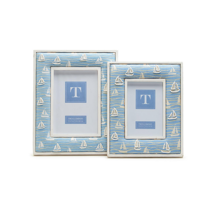 Sailboat Hand-Beaded White Washed Photo Frame 4x6