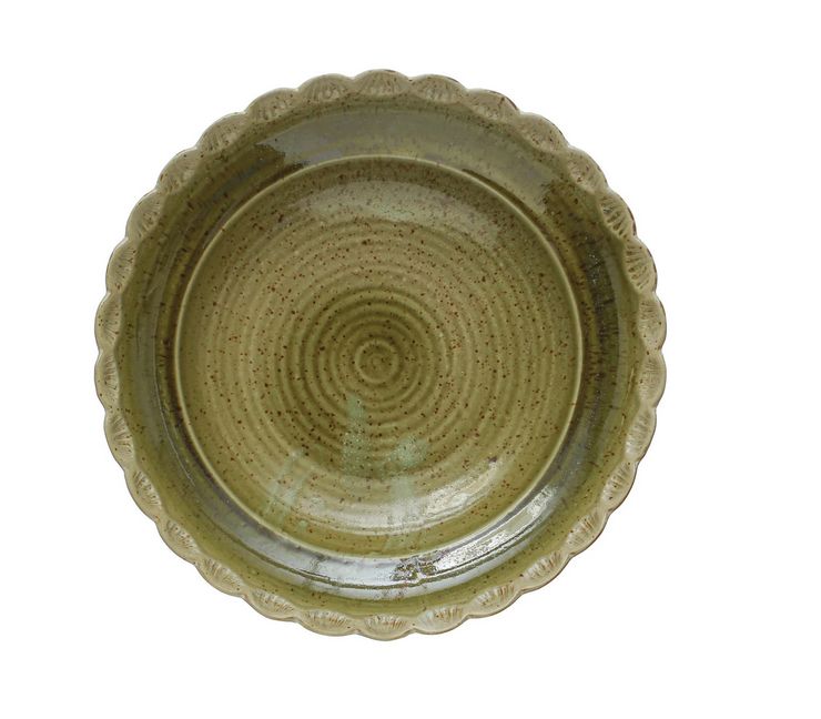 Green Stoneware Bowl w/ Scalloped Edge, Reactive Glaze