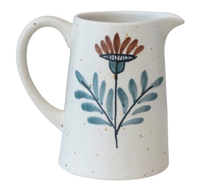 Hand-Painted Stoneware Pitcher w/ Floral Design
