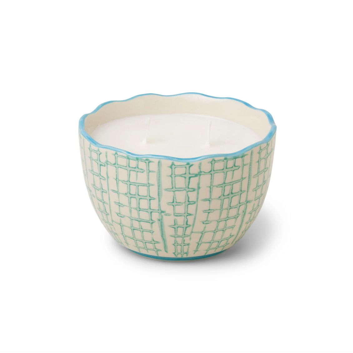 Terrace 12 oz , Scent: Blue Green Patterned Bowl Fresh Cut Basil