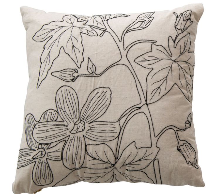 Pillow w/ Botanical Embroidery &amp; Gold Zipper, Natural Black, Style: A