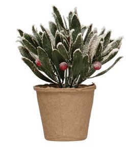Faux Greens w/ Red Berries in Paper Mache Pot, Style: Mistletoe