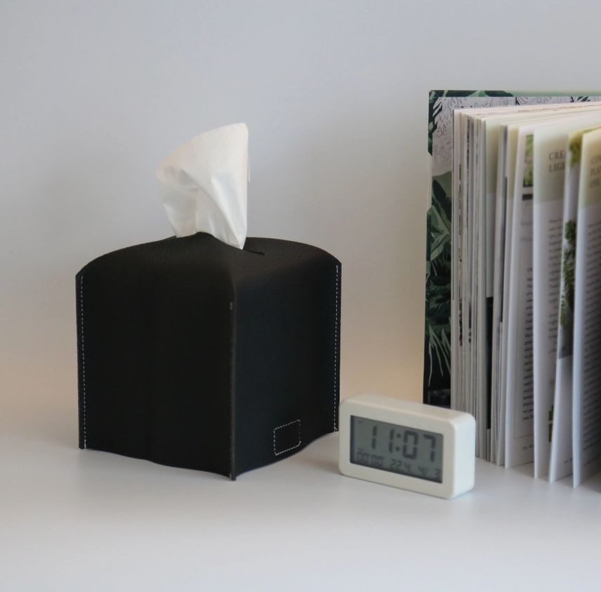 Vegan Leather Tissue Box Cover, Color: Black