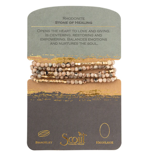 Stone Wrap Bracelet/Necklace - Rhodonite/Gold - Stone of Healing