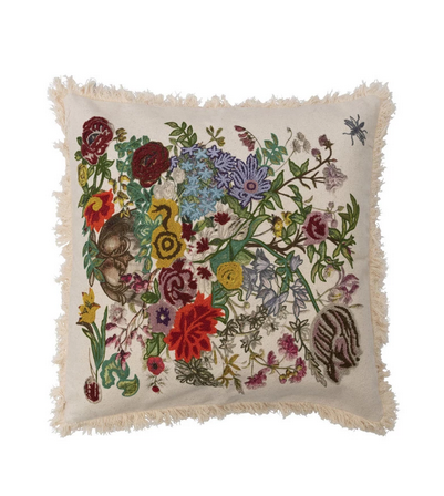 24&quot; Cotton Printed Pillow w/ Embroidery, Florals &amp; Fringe Style B