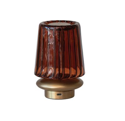 4-1/2&quot; Round x 6-1/2&quot;H Recycled Glass &amp; Metal Pleated LED Table Lamp w/ Touch Sensor