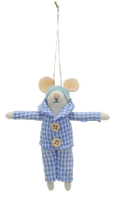 Felt Mouse Gingham Jammies &amp; Sleep Mask Ornament - Blue