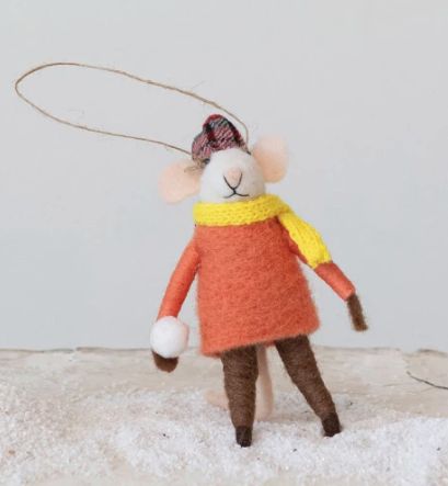 Wool Felt Mouse in Winter Outfit Ornament w/ Snowball -Orange