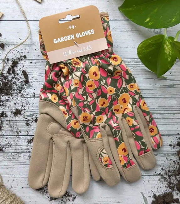 Willow &amp; Belle Gardening Gloves - Mustard and Pink Flowers