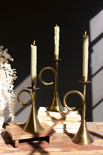 Antique Brass Trumpet Taper Candle Holder - Medium