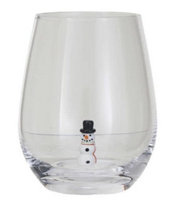Stemless Wine Glass w/ Holiday Figure Inside - Snowman w/ Black Hat