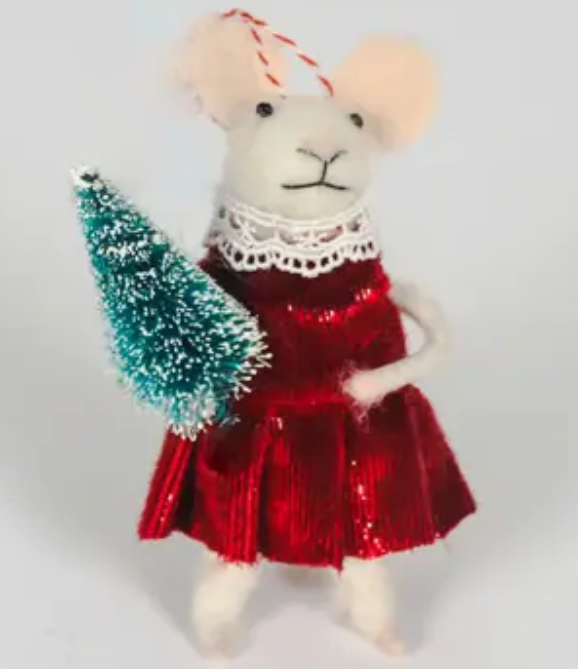 Felt Mouse In Satin Dress Holding Tree Ornament