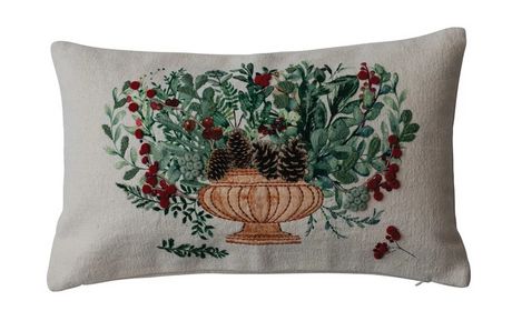 24&quot;L x 14&quot;H Cotton Canvas Printed Lumbar Pillow w/ Flowers &amp; Pom Poms- Design B