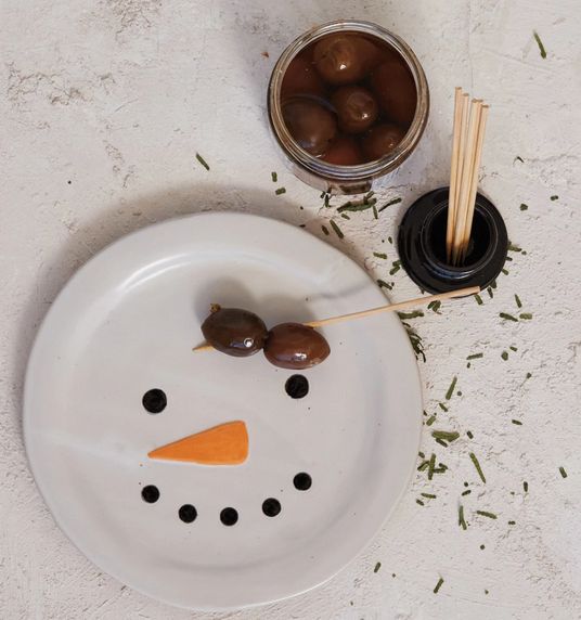 Embossed Stoneware Snowman Plate w/ Hat Toothpick