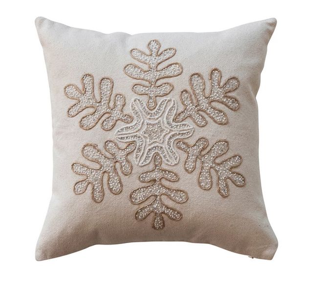 18&quot; Square Cotton Canvas Pillow w/ Embroidered Snowflake &amp; Beads