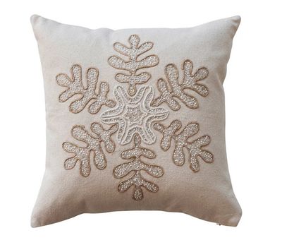 18&quot; Square Cotton Canvas Pillow w/ Embroidered Snowflake &amp; Beads
