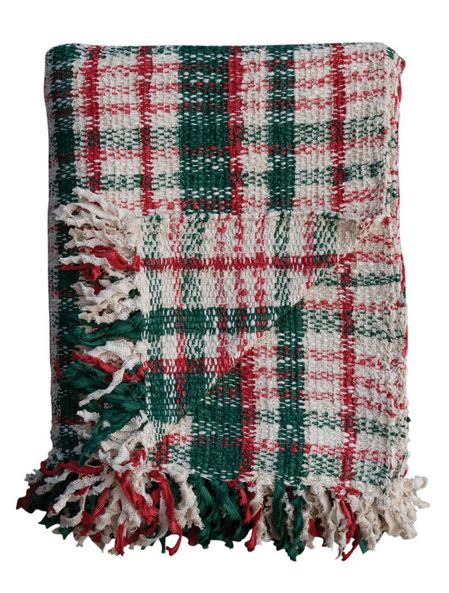 Woven Cotton Blend Throw w/ Fringe, Cream Color, Green &amp; Red Plaid