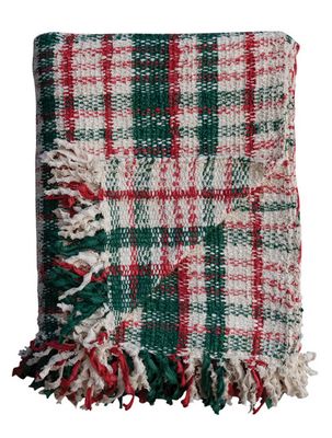 Woven Cotton Blend Throw w/ Fringe, Cream Color, Green &amp; Red Plaid
