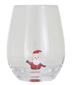 Stemless Wine Glass w/ Holiday Figure Inside - Santa