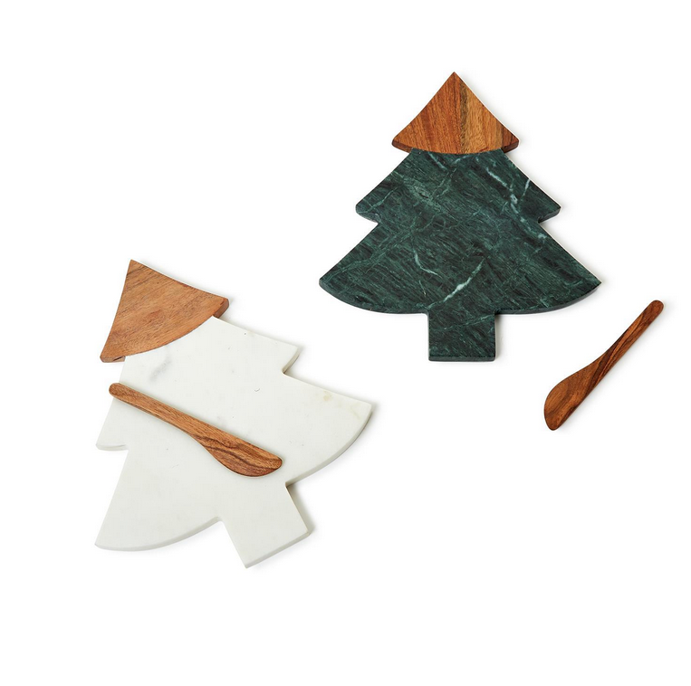 Marble and Wood Tree Shape Serving Board with Spreader - White