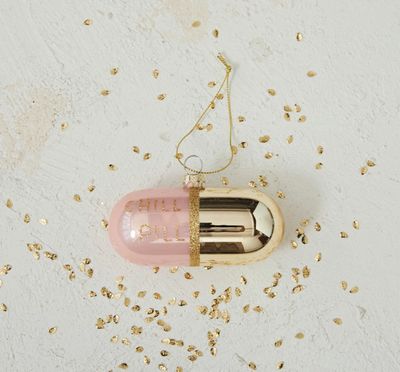 Glass &quot;Chill Pill&quot; Ornament w/ Glitter, Pink &amp; Gold Finish