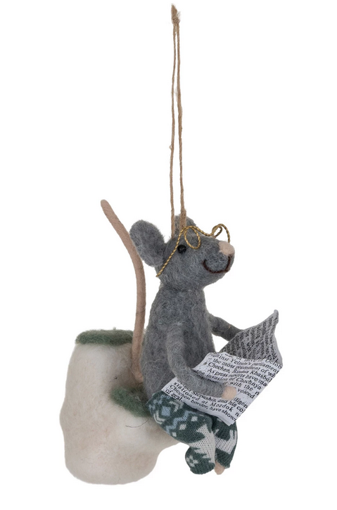 Handmade Wool Felt Mouse Ornament on Toilet