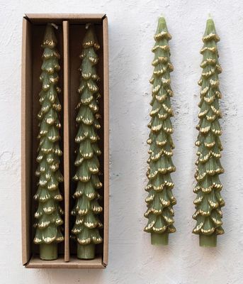 Unscented Tree Shaped Taper Candles w/ Gold Tips in Box, Evergreen Color