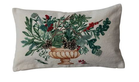 24&quot;L x 14&quot;H Cotton Canvas Printed Lumbar Pillow w/ Flowers &amp; Pom Poms- Design A