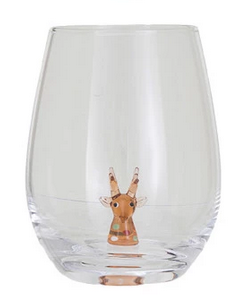 Stemless Wine Glass w/ Holiday Figure Inside - Reindeer