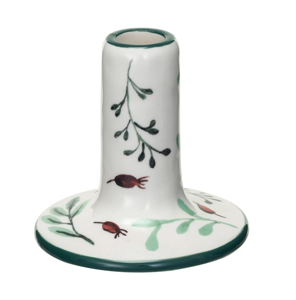Hand-Painted Stoneware Taper Holder w/ Seasonal Botanicals - Large
