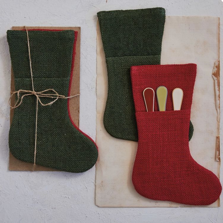 Woven Jute Stocking Shaped Cutlery Sleeves, Red &amp; Green