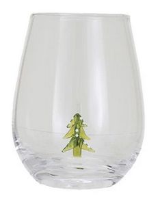 Stemless Wine Glass w/ Holiday Figure Inside - Tree