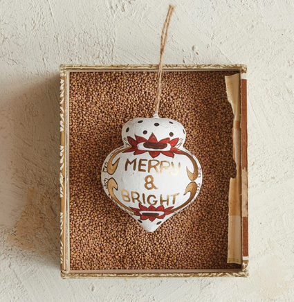 Hand-Painted Paper Mache Finial Ornament &quot;Merry &amp; Bright&quot;