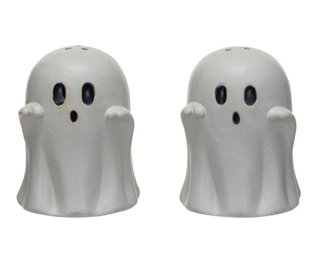 Embossed Stoneware Ghost Shaped Salt &amp; Pepper Shakers