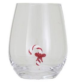 Stemless Wine Glass w/ Holiday Figure Inside - Candy Cane