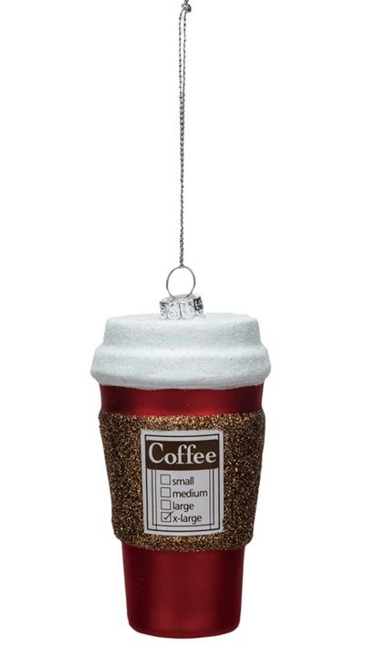 Glass &quot;Coffee&quot; To Go Cup Ornament w/ Glitter,