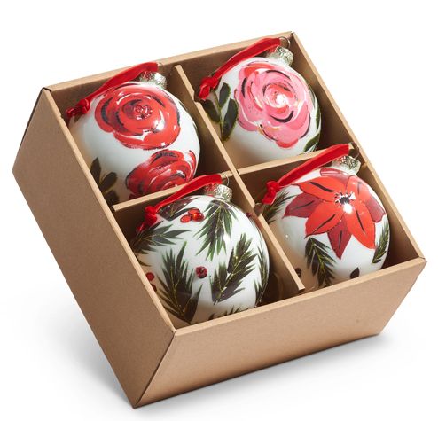 4&quot; Box of Hand Painted Floral Ball Ornaments
