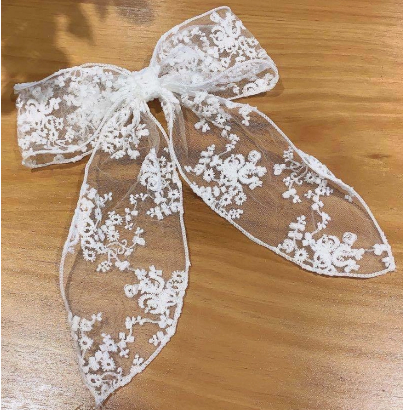 Embroidered Floral Lace Hair Bow Barrette - white