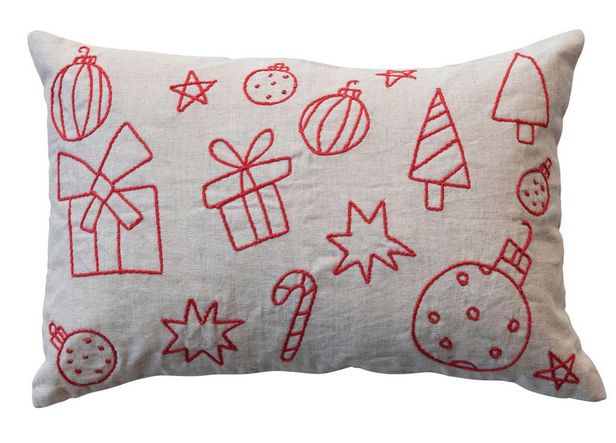 Woven Cotton Lumbar Pillow w/ Embroidered Holiday Icons, Natural &amp; Red