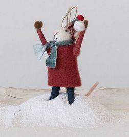 Wool Felt Mouse in Winter Outfit Ornament w/ Snowball -Red