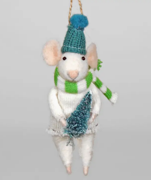 Felt Mouse With Christmas Tree And Scarf Ornament