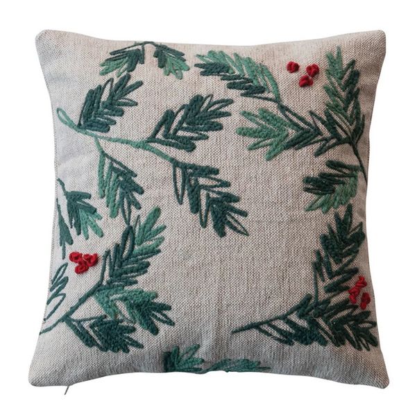 16&quot; Square Woven Cotton &amp; Jute Pillow w/ Embroidered Holly &amp; Berries