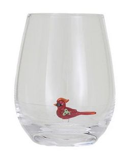 Stemless Wine Glass w/ Holiday Figure Inside - Cardinal