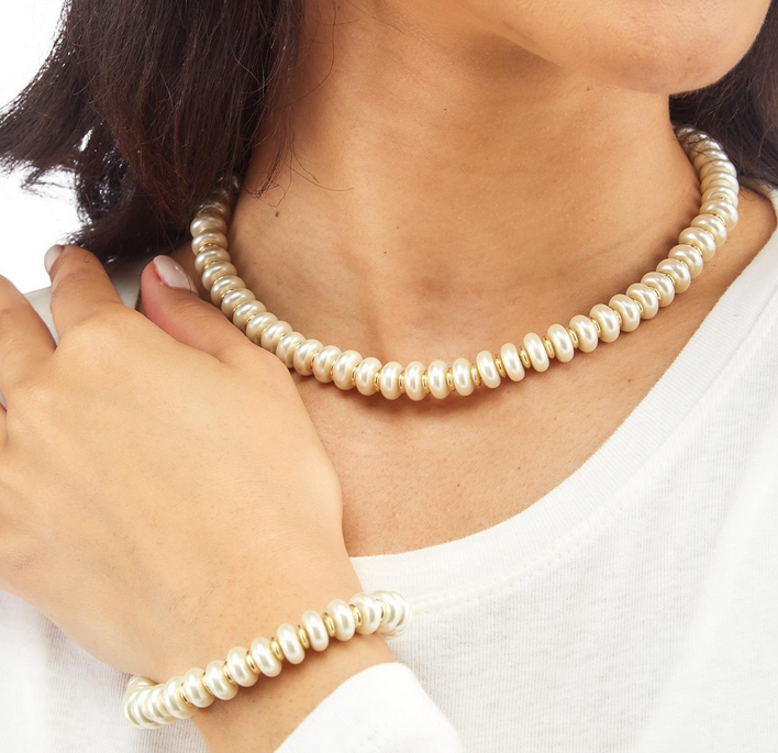 Dolled Up Alternating Pearl and Gold Disc Necklace and Bracelet Set